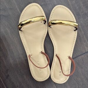 Beige Leather Flat Sandals with Gold Accent